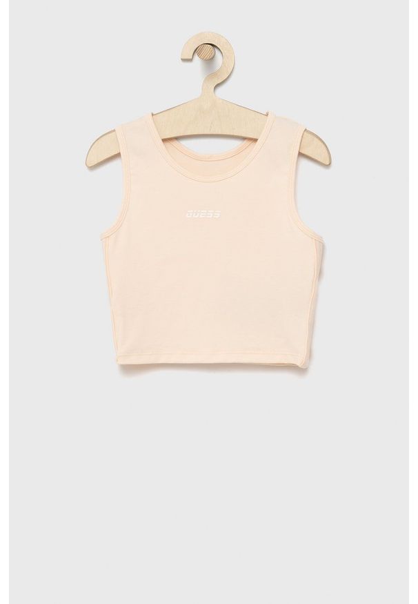 Guess top dziecięcy kolor pomarańczowy. Kolor: pomarańczowy. Materiał: włókno, dzianina, materiał. Długość rękawa: na ramiączkach