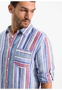 Koszula lniana z długimi wywijanymi rękawami bonprix lila-czerwono-biały w pionowe paski. Kolor: fioletowy. Materiał: len. Długość: długie. Wzór: paski #7