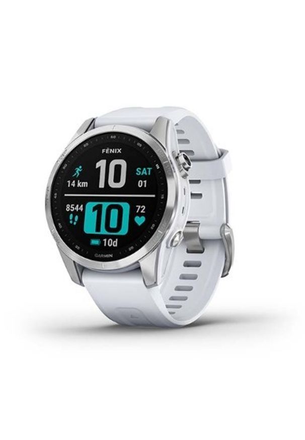 GARMIN - Zegarek sportowy Garmin Fenix 7S srebrny z białym paskiem. Rodzaj zegarka: smartwatch. Kolor: biały, wielokolorowy, srebrny. Materiał: materiał. Styl: sportowy