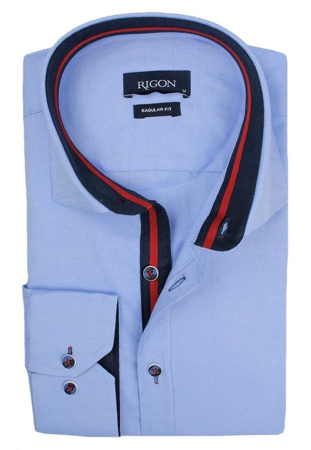 Rigon - Elegancka, Niebieska Koszula Męska, Długi Rękaw, Krój Prosty. Okazja: na spotkanie biznesowe, do pracy. Kolor: niebieski. Materiał: lycra, bawełna. Długość rękawa: długi rękaw. Długość: długie. Styl: elegancki
