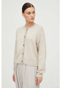 Marc O'Polo kardigan wełniany kolor beżowy lekki. Typ kołnierza: polo. Kolor: beżowy. Materiał: wełna