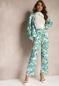 Renee - Niebiesko-Białe Spodnie w Kwiatowy Print High Waist z Szeroką Nogawką Lastaria. Stan: podwyższony. Kolor: niebieski. Materiał: tkanina. Wzór: kwiaty, nadruk #3