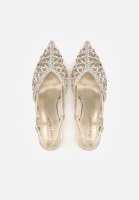 Born2be - Złote Ażurowe Sandały z Plecionki na Niskiej Szpilce Nilgias. Okazja: na co dzień. Zapięcie: pasek. Kolor: złoty. Materiał: len. Wzór: ażurowy. Styl: casual, elegancki, boho, klasyczny #4