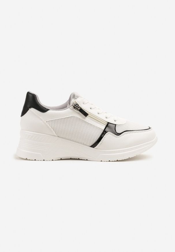 Renee - Białe Sneakersy na Koturnie z Wkładką ze Skóry Naturalnej Ozdobione Suwakiem Arivios. Okazja: na co dzień. Kolor: biały. Materiał: skóra. Wzór: aplikacja. Obcas: na koturnie