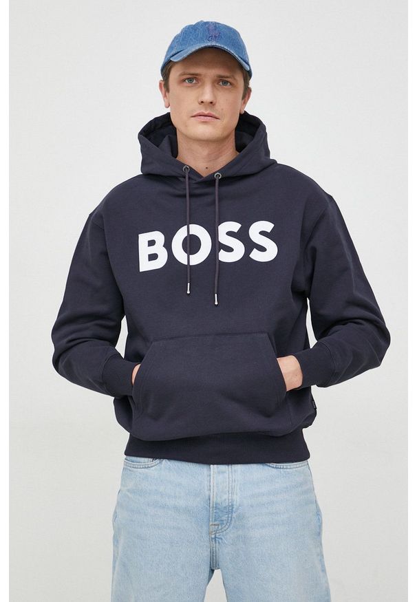 BOSS bluza bawełniana męska kolor niebieski z kapturem z nadrukiem. Typ kołnierza: kaptur. Kolor: niebieski. Materiał: bawełna. Wzór: nadruk