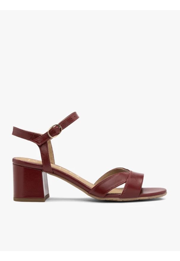 Ryłko - Bordowe sandały damskie na klocku. Kolor: czerwony. Materiał: skóra. Obcas: na obcasie. Styl: street. Wysokość obcasa: średni