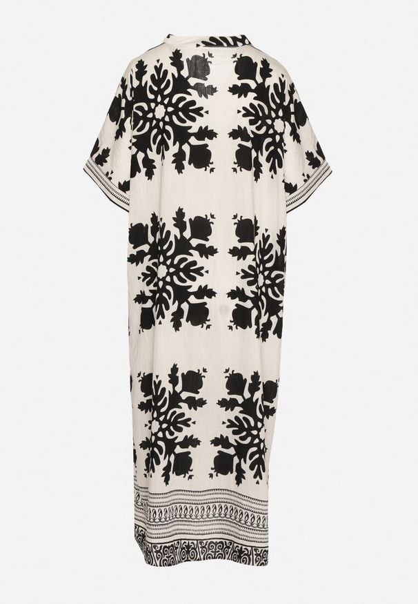 Born2be - Biała Sukienka Pudełkowa z Wiskozy z Dekoltem w Serek w Etniczny Wzór Abrellis. Okazja: na spacer, na co dzień. Typ kołnierza: dekolt w serek. Kolor: biały. Materiał: wiskoza. Długość rękawa: krótki rękaw. Styl: casual, elegancki