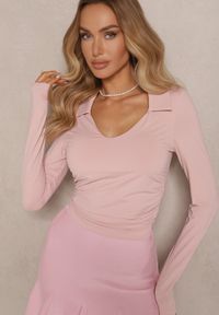 Renee - Różowa Bluzka Ozdobiona Kołnierzykiem i Marszczeniem Amosena. Okazja: na co dzień. Kolor: różowy. Materiał: jeans. Wzór: aplikacja. Styl: casual #4