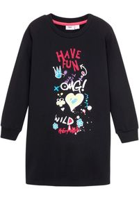 bonprix - Sukienka dresowa z czystej bawełny dresowej. Kolor: czarny. Materiał: dresówka, bawełna. Wzór: nadruk #1