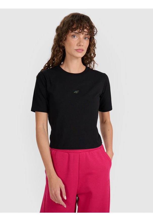 4f - 4F Crop-top slim gładki damski - czarny XL. Okazja: na co dzień. Kolor: czarny. Materiał: jersey, bawełna. Długość rękawa: krótki rękaw. Długość: krótkie. Wzór: gładki. Styl: casual, sportowy