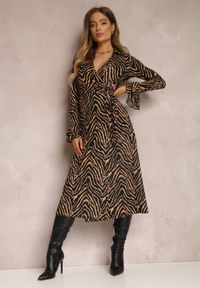 Renee - Brązowo-Czarna Sukienka Kopertowa w Zebrę Chizi. Kolor: brązowy. Materiał: materiał. Wzór: motyw zwierzęcy. Typ sukienki: kopertowe #1