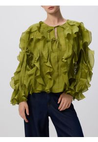 Reserved - Bluzka z falbanami - oliwkowy. Kolor: oliwkowy. Materiał: tkanina #1