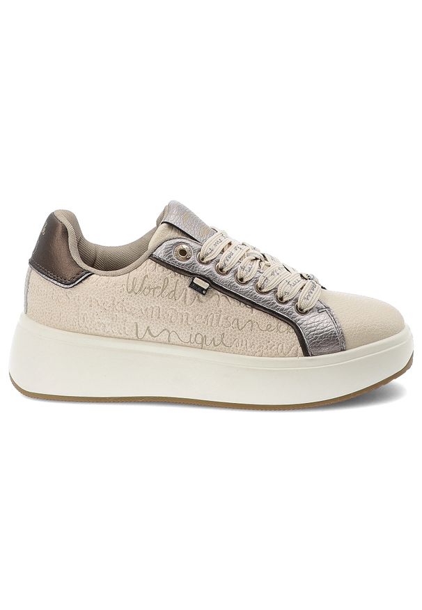 Sneakersy damskie Anekke, na grubej platformie z napisami i wzorami z okrągłym noskiem i sznurowane, białe, 41380-429-Roma-413. Okazja: na co dzień. Nosek buta: okrągły. Zapięcie: sznurówki. Kolor: biały. Wzór: napisy. Obcas: na platformie. Styl: casual, sportowy