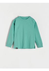 Reserved - Bawełniany longsleeve oversize - morski. Kolor: morski. Materiał: bawełna. Długość rękawa: długi rękaw