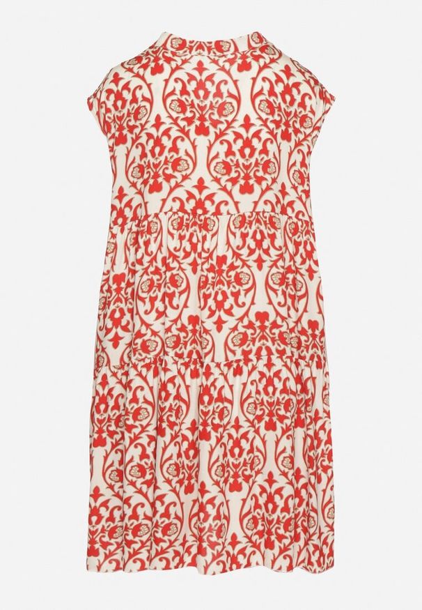 Born2be - Czerwona Bawełniane Sukienka o Rozkloszowanym Kroju Ozdobiona Falbanką Linola. Okazja: na co dzień. Kolor: czerwony. Materiał: bawełna. Wzór: aplikacja. Sezon: lato. Styl: elegancki, casual