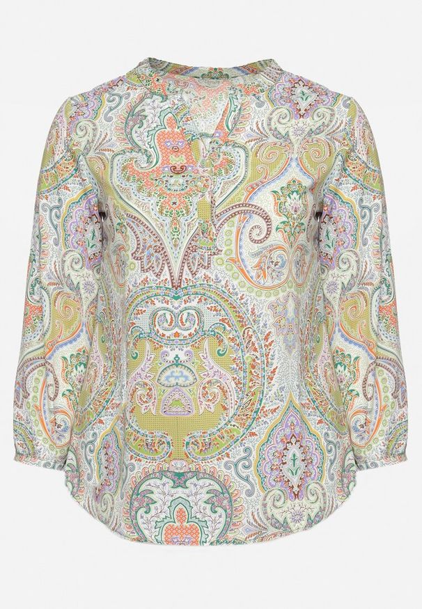 Born2be - Zielono-Beżowa Bluzka Koszula z Guzikami Przy Dekolcie w Ornamentalny Print Indafare. Okazja: na spotkanie biznesowe, do pracy, na co dzień. Kolor: zielony. Materiał: jeans. Wzór: nadruk. Styl: elegancki, casual, biznesowy