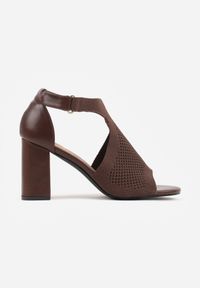 Renee - Brązowe Sandały Soft Fit VICES na Obcasie w Stylu Botków z Elastyczną Ażurową Cholewką Comfort Omphopis. Zapięcie: rzepy. Kolor: brązowy. Materiał: materiał, jeans. Wzór: ażurowy. Obcas: na obcasie. Wysokość obcasa: średni #5