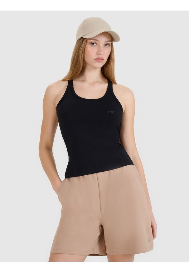 4f - 4F Top slim gładki damski - czarny XS. Kolor: czarny. Materiał: dzianina, elastan, materiał, bawełna, jersey. Wzór: gładki