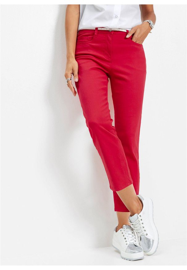 bonprix - Spodnie ze stretchem 7/8. Kolor: czerwony. Materiał: materiał