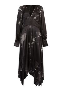 AllSaints sukienka kolor czarny midi rozkloszowana. Kolor: czarny. Materiał: materiał, poliester, włókno, wiskoza. Długość rękawa: długi rękaw. Typ sukienki: rozkloszowane, asymetryczne. Długość: midi
