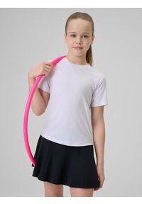 4f - 4F Koszulka sportowa szybkoschnąca dziewczęca - biała 134/140 (8-10 lat). Kolor: biały. Materiał: materiał. Długość rękawa: raglanowy rękaw. Sezon: lato. Styl: sportowy #1