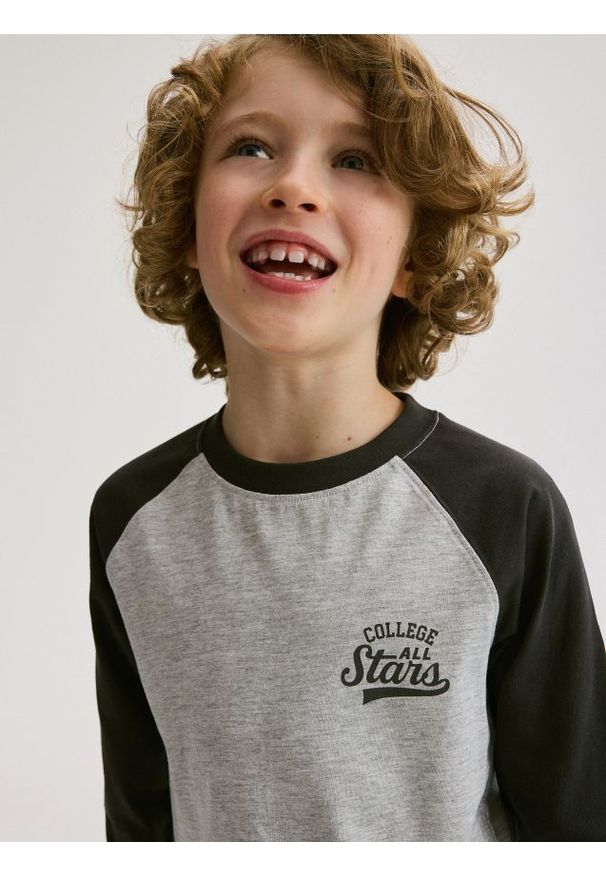 Reserved - Longsleeve z nadrukiem - jasnoszary. Kolor: szary. Materiał: wiskoza, dzianina, bawełna. Długość rękawa: długi rękaw. Wzór: nadruk