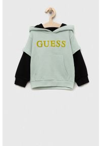 Guess bluza bawełniana dziecięca kolor turkusowy z kapturem wzorzysta. Okazja: na co dzień. Typ kołnierza: kaptur. Kolor: turkusowy. Materiał: bawełna. Styl: casual
