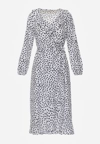 Born2be - Biała Kopertowa Sukienka w Kropki z Falbankami Kaikiran. Typ kołnierza: kołnierz z falbankami. Kolor: biały. Wzór: kropki. Typ sukienki: kopertowe #6