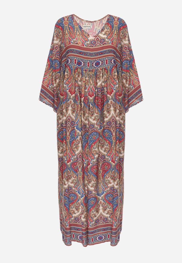 Renee - Jasnobeżowa Rozkloszowana Sukienka we Wzór Paisley z Rękawem 3/4 Briarwa. Okazja: na co dzień. Kolor: beżowy. Wzór: paisley. Styl: elegancki, casual