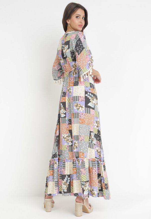 Born2be - Szaro-Czarna Rozkloszowana Sukienka Maxi w Patchworkowy Wzór Daliah. Kolor: szary. Wzór: aplikacja. Długość: maxi