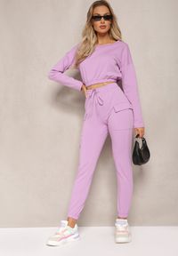 Renee - Fioletowy Komplet Dresowy Bluza Cropped i Spodnie z Kieszeniami Cargo Xerlesa. Kolor: fioletowy. Materiał: dresówka #5