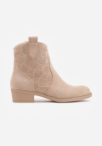 Renee - Ciemnobeżowe Ażurowe Botki na Słupku Typu Kowbojki Iolerine. Okazja: na co dzień. Kolor: beżowy. Materiał: jeans. Wzór: ażurowy. Obcas: na słupku. Styl: casual #3