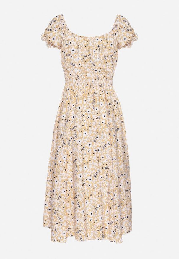 Born2be - Żółta Sukienka Rozkloszowana w Kwiaty z Bawełną i Bufkami Sanirla. Kolor: żółty. Materiał: bawełna. Wzór: kwiaty. Typ sukienki: rozkloszowane