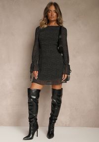Renee - Czarna Sukienka Vices Ozdobiona Transparentnymi Rękawami i Kropkami Celziva. Okazja: na co dzień. Kolor: czarny. Materiał: koronka. Wzór: aplikacja, kropki. Styl: casual, elegancki #3
