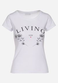 Born2be - Biały Bawełniany T-shirt z Napisem Living i Nadrukiem Commea. Okazja: na co dzień. Kolor: biały. Materiał: bawełna. Wzór: napisy, nadruk. Styl: elegancki, casual