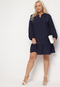 Born2be - Granatowa Koszulowa Sukienka Mini z Falbanką Brindel. Kolor: niebieski. Typ sukienki: koszulowe. Długość: mini #7
