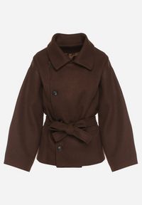Born2be - Brązowy Krótki Płaszcz z Wiskozą o Pudełkowym Kroju z Wiązanym Paskiem i Kołnierzem Tusilia. Okazja: na co dzień. Kolor: brązowy. Materiał: wiskoza. Długość: krótkie. Styl: klasyczny, casual #7
