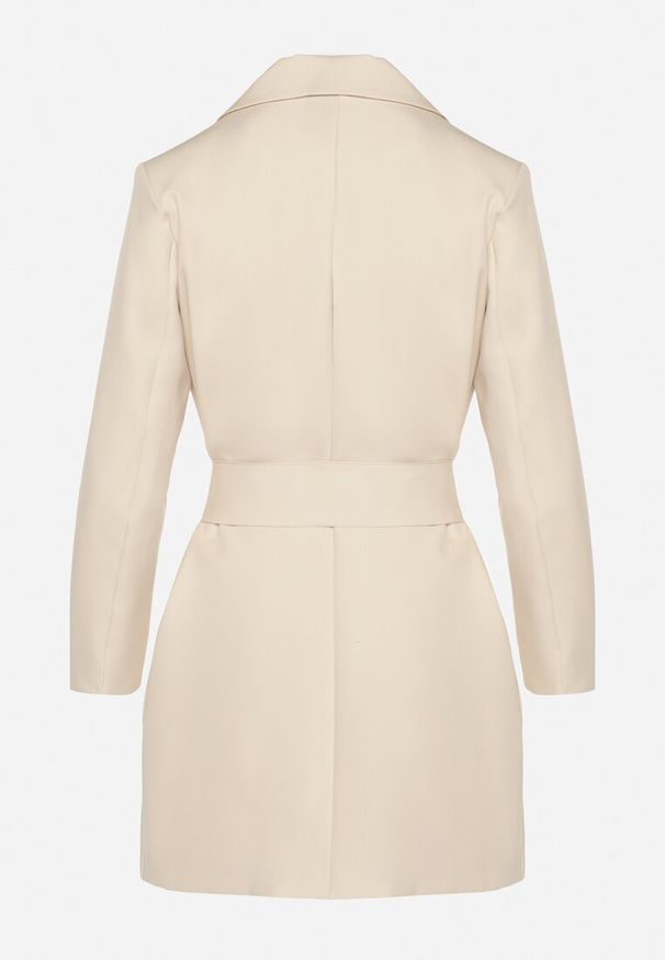 Born2be - Beżowa Sukienka w Stylu Marynarki z Paskiem i Usztywnionymi Ramionami Etinella. Okazja: na co dzień. Kolor: beżowy. Materiał: jeans. Styl: casual, klasyczny