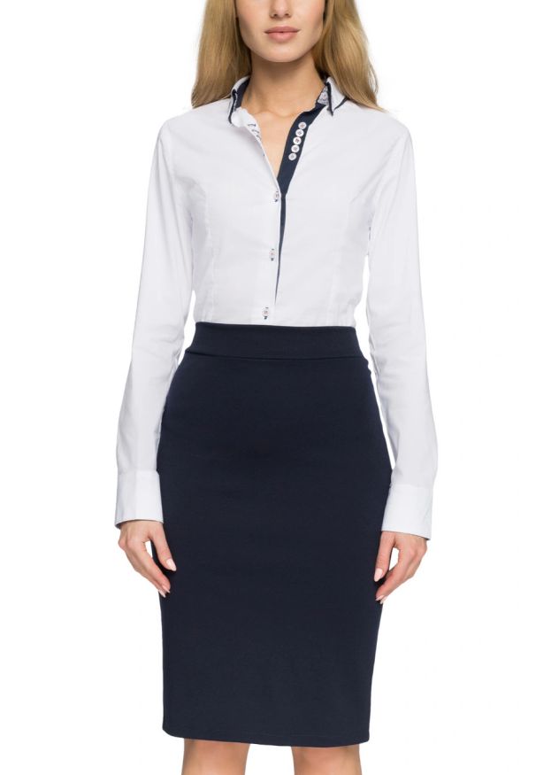 Sukienki.shop - Spódnica ołówkowa dzianinowa z ozdobnym zamkiem granatowa. Okazja: na co dzień, na spotkanie biznesowe, do pracy. Kolor: niebieski. Materiał: dzianina. Długość: do kolan. Wzór: gładki, kolorowy. Sezon: zima, lato. Styl: casual, biznesowy, elegancki, klasyczny