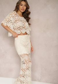 Renee - Beżowy Bawełniany Komplet Boho z Ażurowymi Wycięciami Spódnica Maxi i Bluzka Belrina. Kolor: beżowy. Materiał: bawełna. Wzór: ażurowy #4