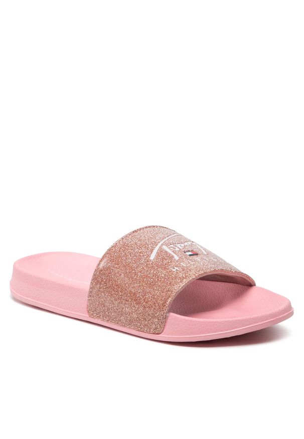 TOMMY HILFIGER - Klapki Tommy Hilfiger Logo Print Pool Slide T3A0-32195-1366 S Pink 302. Kolor: różowy. Wzór: nadruk