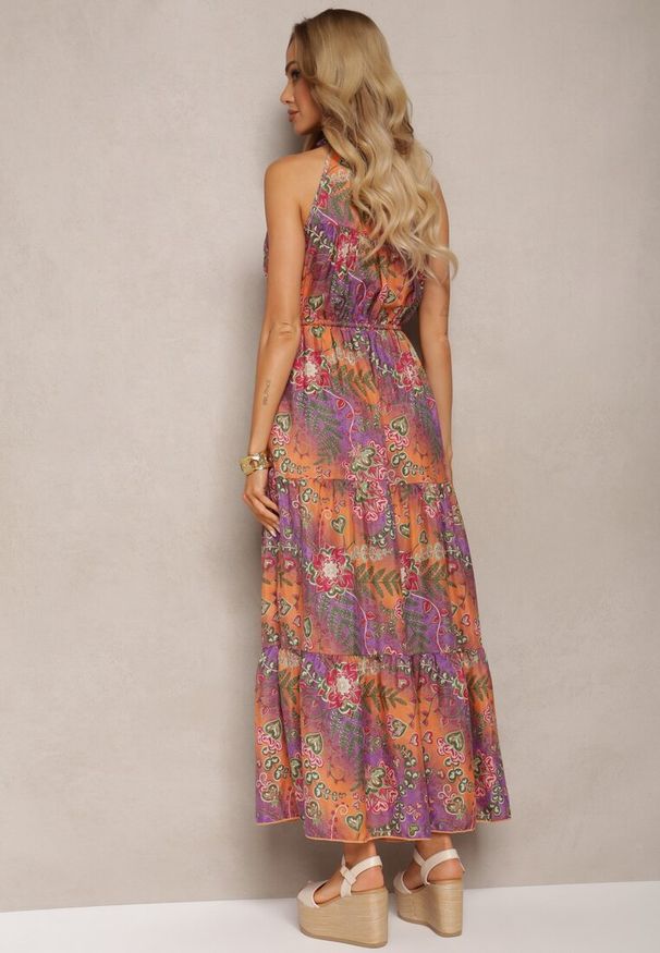 Renee - Pomarańczowo-Różowa Sukienka w Stylu Boho z Gumką w Talii i Ozdobnym Wiązaniem Piofara. Kolor: pomarańczowy. Materiał: tkanina. Sezon: lato. Styl: boho