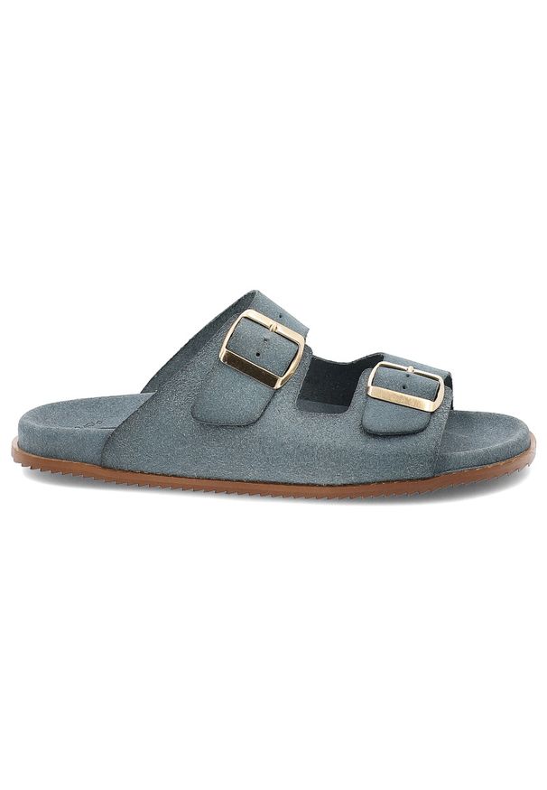 Hee - Klapki damskie HEE, ze skóry naturalnej na platformie klasyczne z klamrami, jeansowe, 25050. Okazja: na co dzień. Kolor: niebieski. Materiał: skóra, jeans. Sezon: lato. Obcas: na platformie. Styl: klasyczny