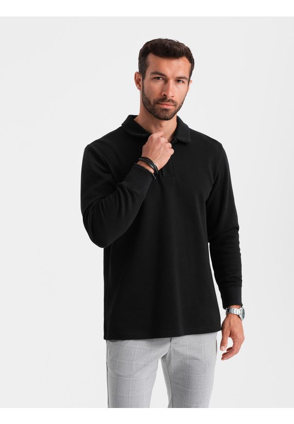 Ombre Clothing - Bluza męska z kołnierzykiem polo ze strukturalnej dzianiny - czarna V8. Typ kołnierza: polo. Kolor: czarny. Materiał: dzianina