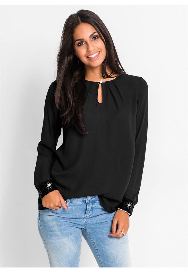 bonprix - Bluzka zakładana przez głowę. Kolor: czarny. Materiał: materiał. Wzór: aplikacja. Styl: elegancki