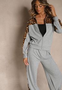 Renee - Szary Komplet Dresowy z Panterkowymi Wstawkami Bluza i Spodnie Wide Leg Redrie. Kolor: szary. Materiał: dresówka. Wzór: motyw zwierzęcy, aplikacja
