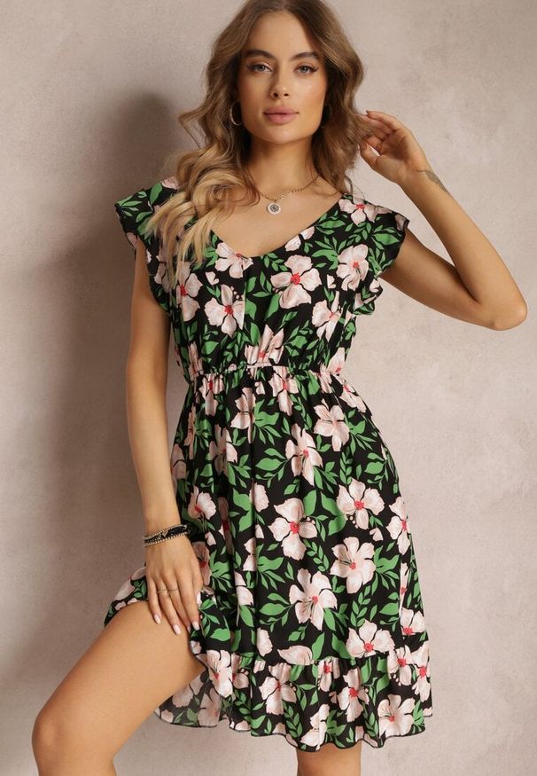 Renee - Czarno-Zielona Rozkloszowana Sukienka Bawełniana w Kwiaty Maller. Kolor: czarny. Materiał: bawełna. Wzór: kwiaty. Sezon: lato