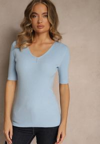 Renee - Niebieska Bluzka z Prążkowanej Dzianiny Unarese. Okazja: na imprezę. Kolor: niebieski. Materiał: dzianina, prążkowany #3