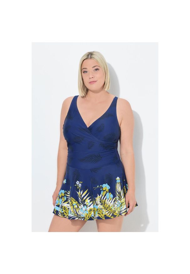 ULLA POPKEN - Damska Sukienka Kąpielowa szorty miękkie miseczki. Kolekcja: plus size. Kolor: niebieski. Materiał: poliester, elastan, poliamid, materiał