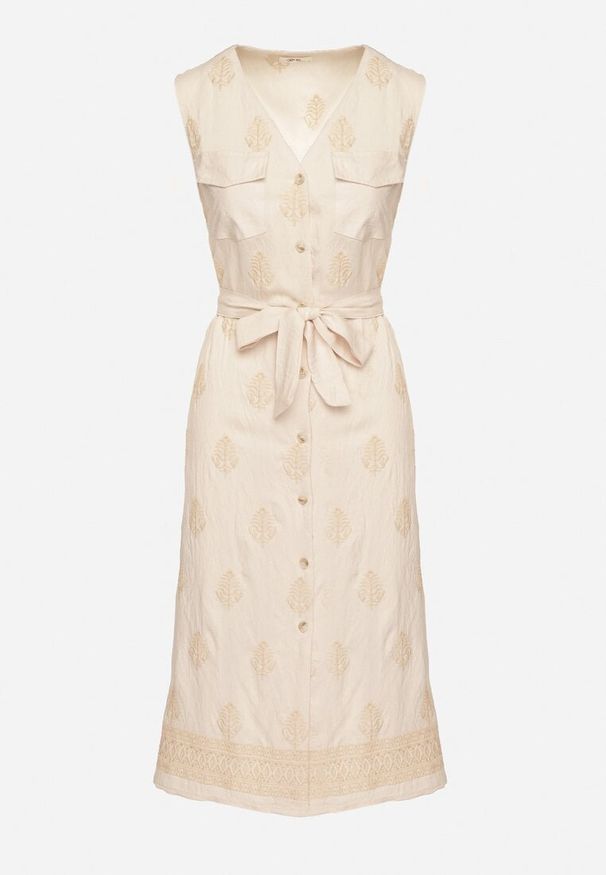 Born2be - Beżowa Wiskozowa Sukienka Koszulowa w Hafty z Paskiem Araverra. Okazja: na co dzień. Kolor: beżowy. Materiał: wiskoza. Wzór: haft. Sezon: wiosna, lato. Typ sukienki: koszulowe. Styl: casual, klasyczny, elegancki